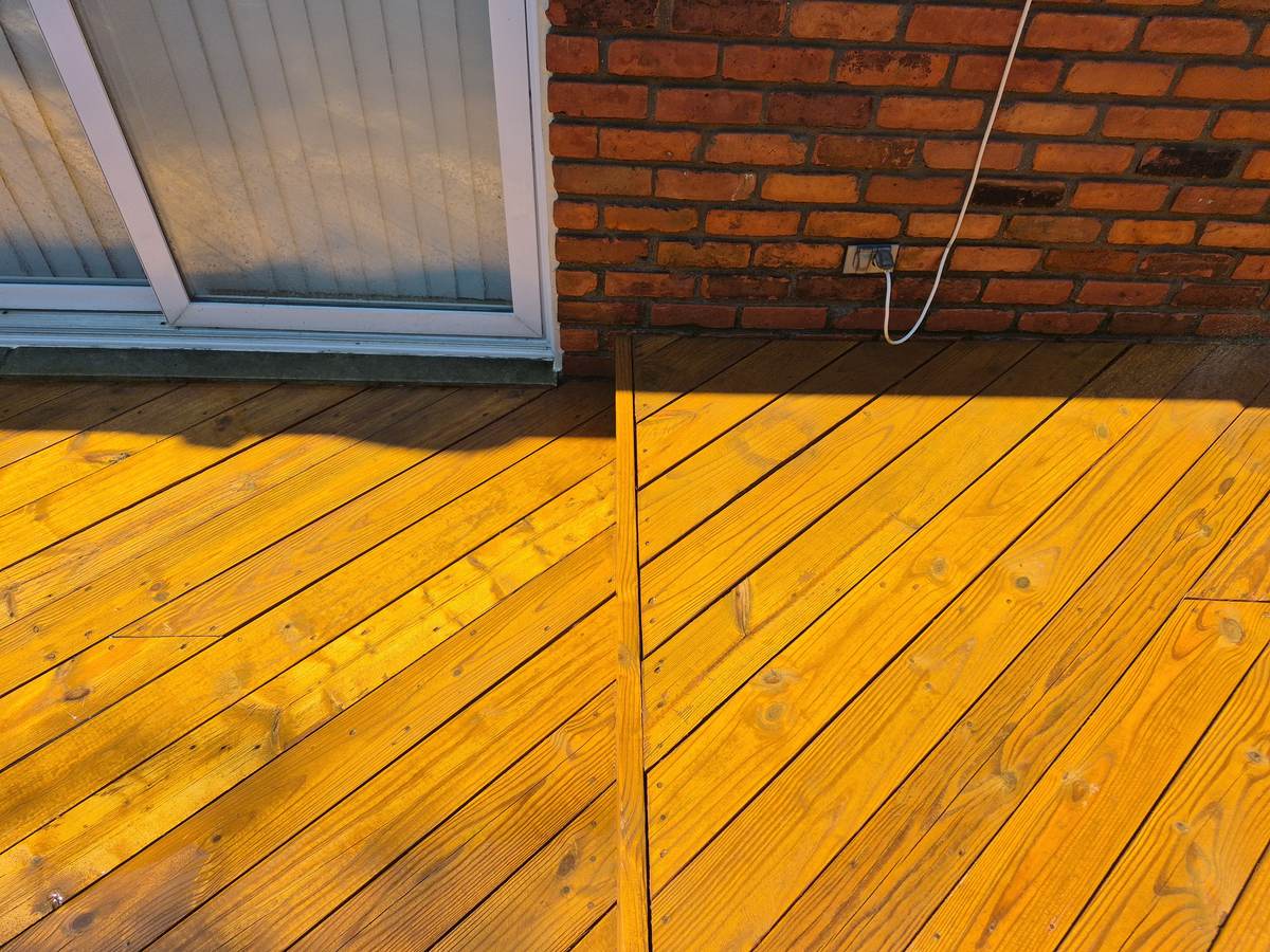 Close-up of stained diagonal deck boards in Dexter, MI