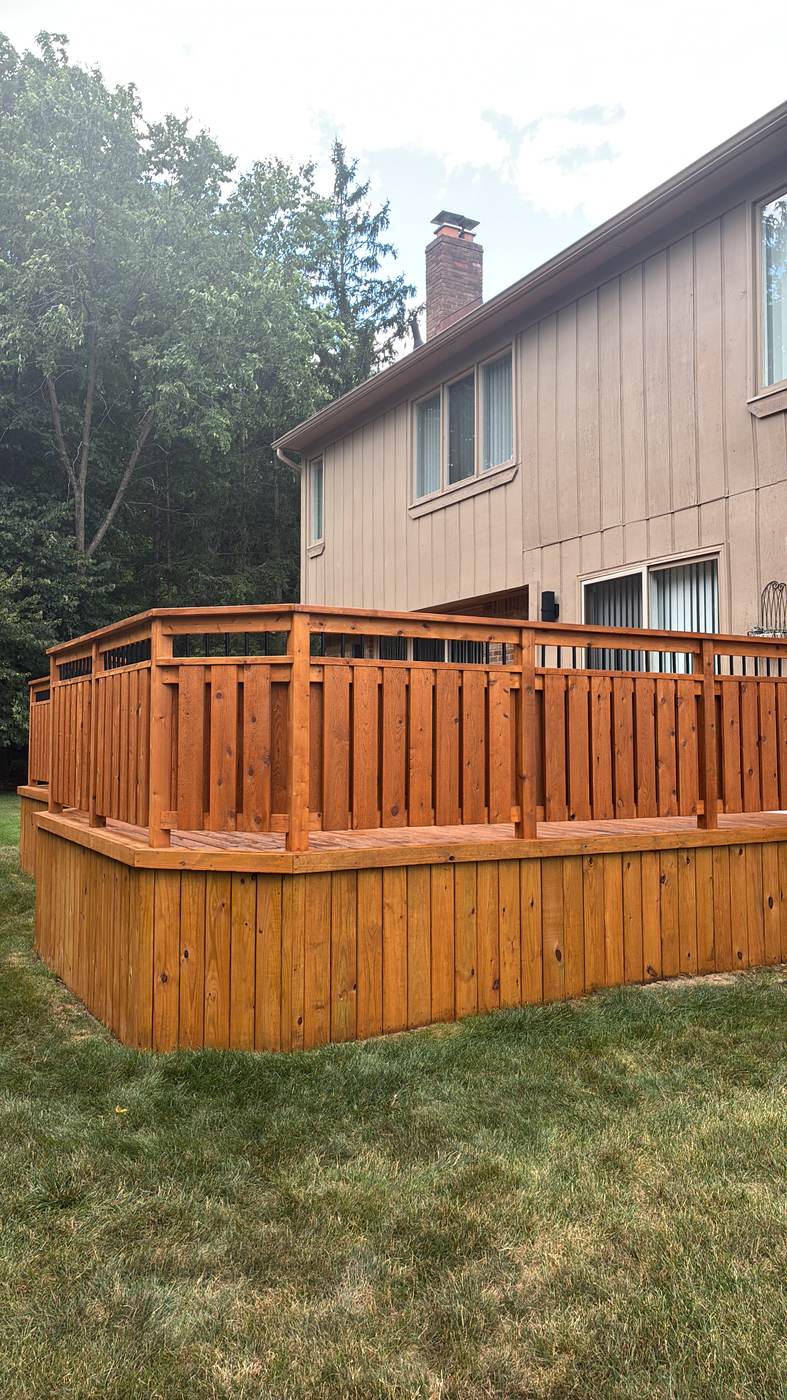 Aerial view of a multi-level deck staircase with a fresh stain in Linden, MI