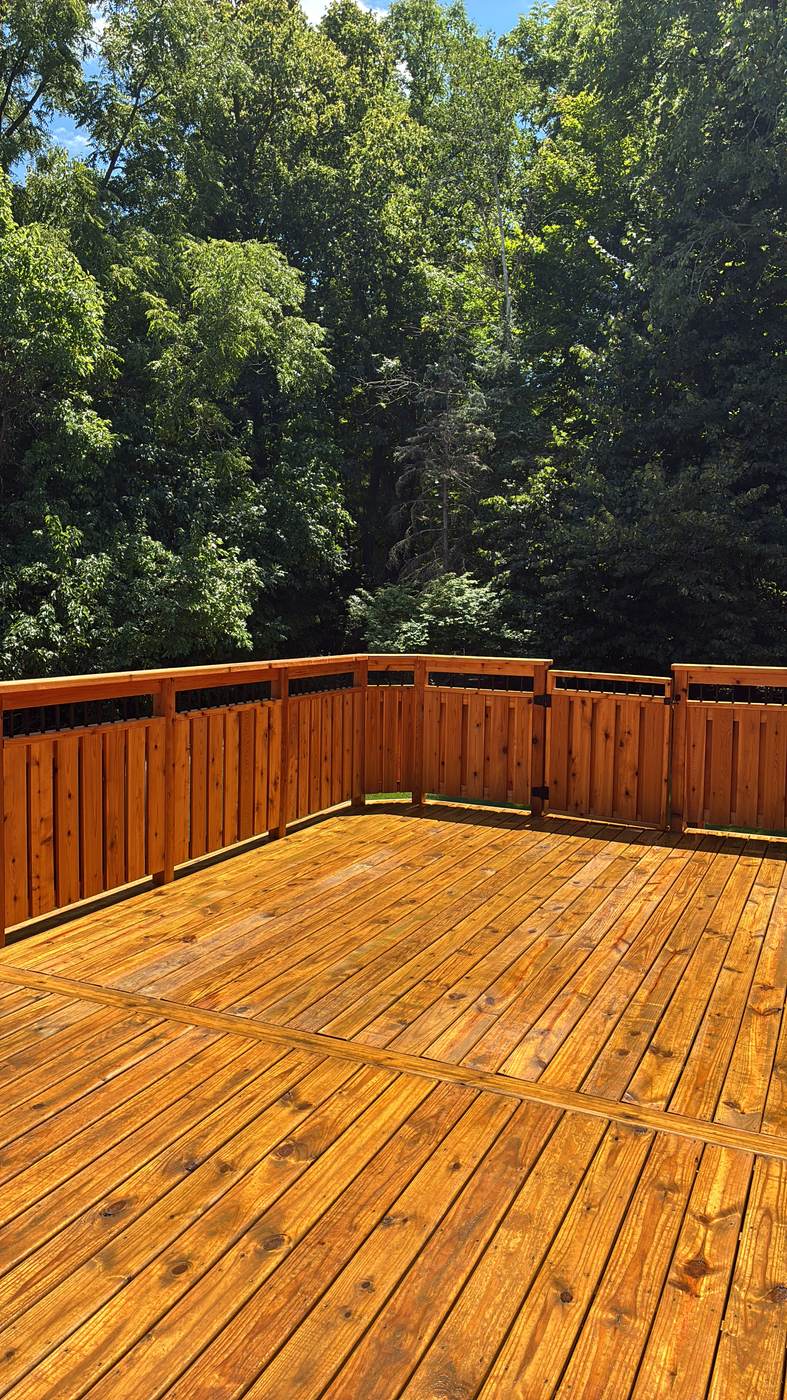 Curved multi-tier deck staircase with a fresh stain among mature trees in White Lake, MI