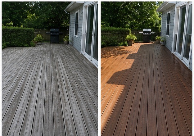 Gray weathered patio deck by a house, before and after staining to a warm brown finish