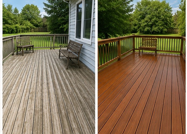 Weathered gray wood deck restored to a rich brown hand-brushed stain, before and after